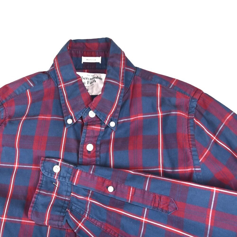 ABERCROMBIE & FITCH Men's Shirt Muscle Blue Plaid Moose Logo Cotton Large - Picture 5 of 9